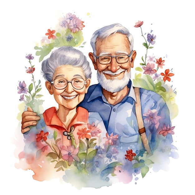 Ilustración acuarela de abuelos con flores.