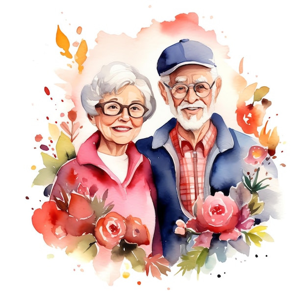 Ilustración acuarela de abuelos con flores.