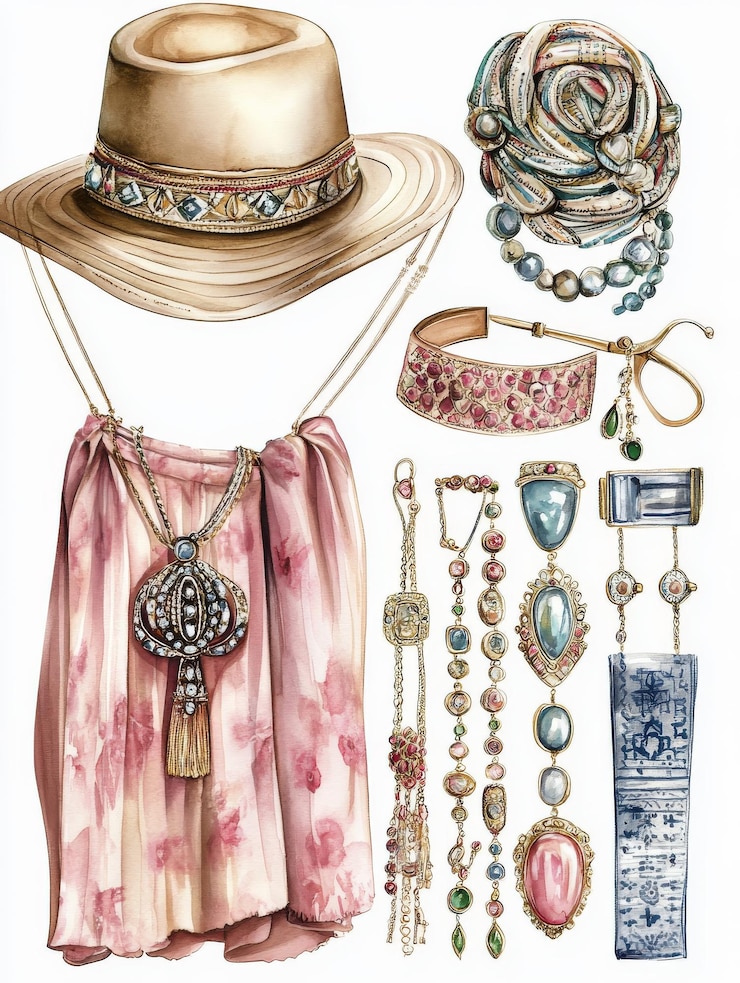 Foto ilustración en acuarela de accesorios de lujo