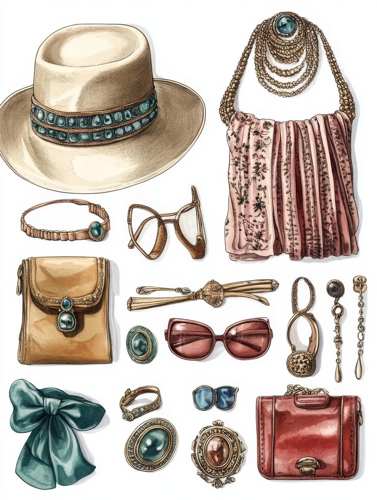 Foto una ilustración en acuarela de accesorios de moda