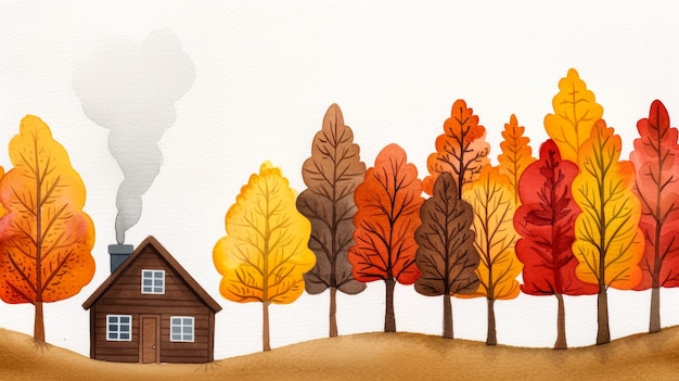 Ilustración en acuarela Una acogedora escena de otoño con una cabaña de acuarela rodeada de árboles con dorados