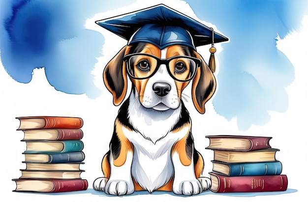 Ilustración en acuarela del adorable perro beagle con gorra graduada y sentado con libros