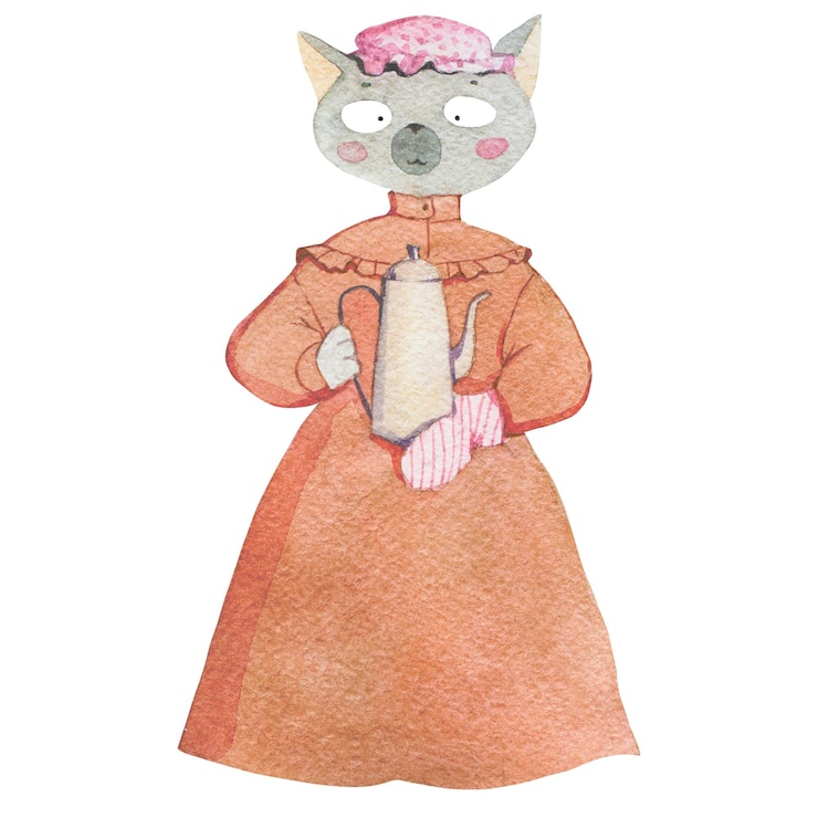Ilustración acuarela aislada de un gato con una tetera
