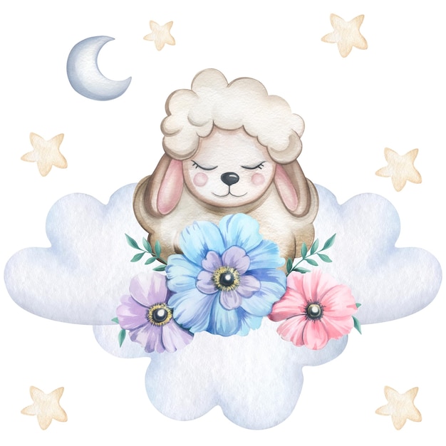 Ilustración en acuarela aislada sobre un fondo blanco con una oveja sentada en las nubes