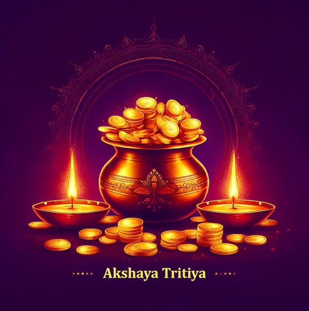 Ilustración en acuarela para akshaya tritiya con una olla desbordante de monedas de oro