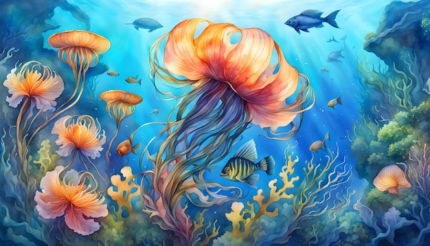 Ilustración en acuarela de algas y peces submarinos fantásticos hermosas conchas marinas de medusas en