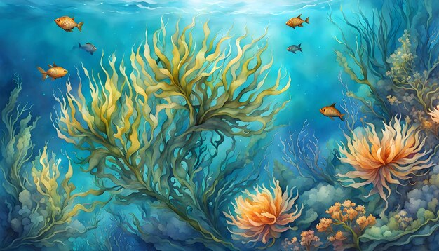 Foto ilustración en acuarela de algas y peces submarinos fantásticos hermosas conchas marinas de medusas en