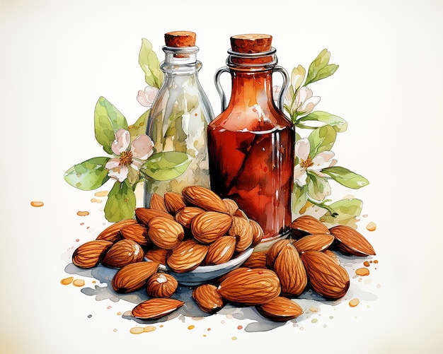 Ilustración acuarela almendras aceite de almendras en una botella salpicaduras de aceite pancarta de alimentación saludable generada por IA