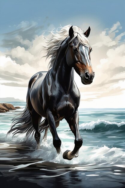 Ilustración de acuarela de animales de caballo en la orilla del mar