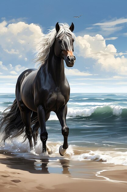 Ilustración de acuarela de animales de caballo en la orilla del mar