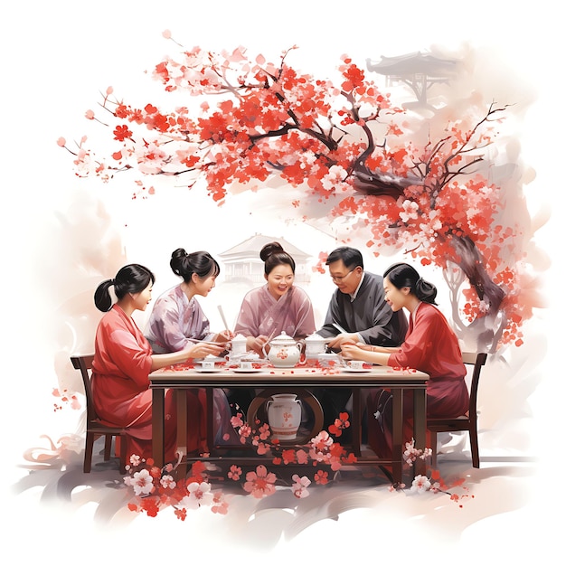 Ilustración de acuarela de Año Nuevo chino Objetos y decoraciones de estilo chino vibrantes en BG blanco