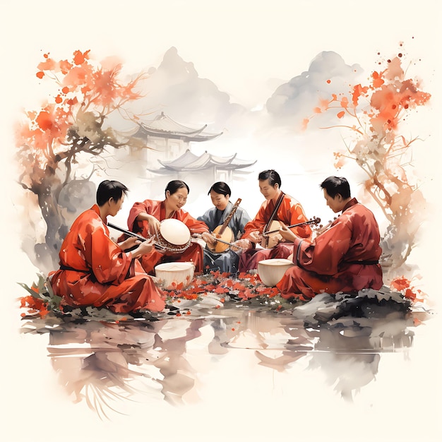 Ilustración de acuarela de Año Nuevo chino Objetos y decoraciones de estilo chino vibrantes en BG blanco
