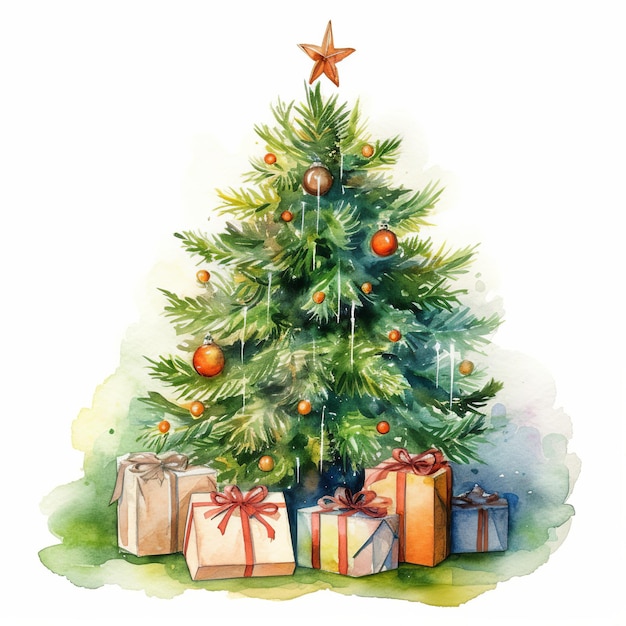 Ilustración de acuarela un árbol de Navidad con fondo de regalo