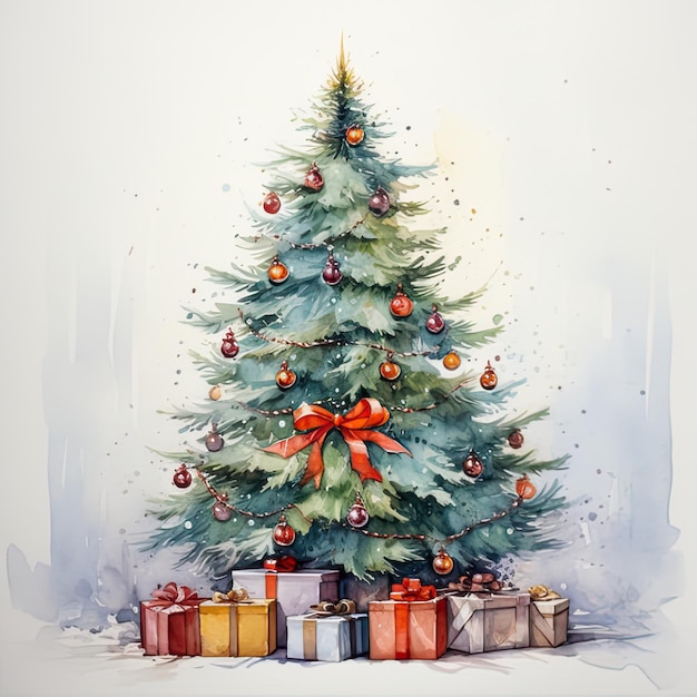 Ilustración acuarela de árbol de Navidad con regalos.