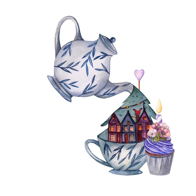 Ilustración acuarela de un árbol de Navidad en una taza con un pastel