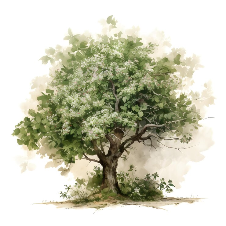 Ilustración en acuarela de un árbol de verano aislado sobre un fondo blanco
