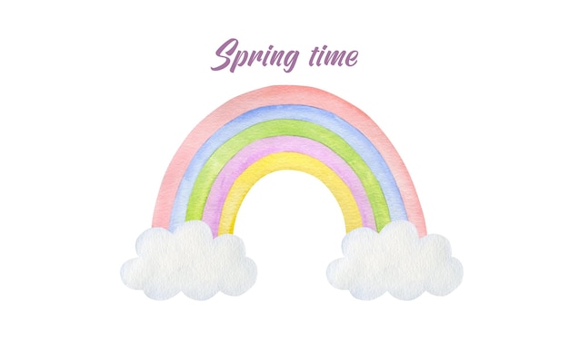 Foto ilustración acuarela de un arco iris con la inscripción primavera
