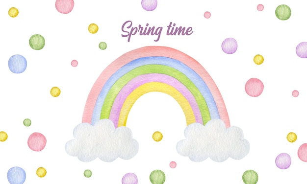 Ilustración acuarela de un arco iris con la inscripción primavera