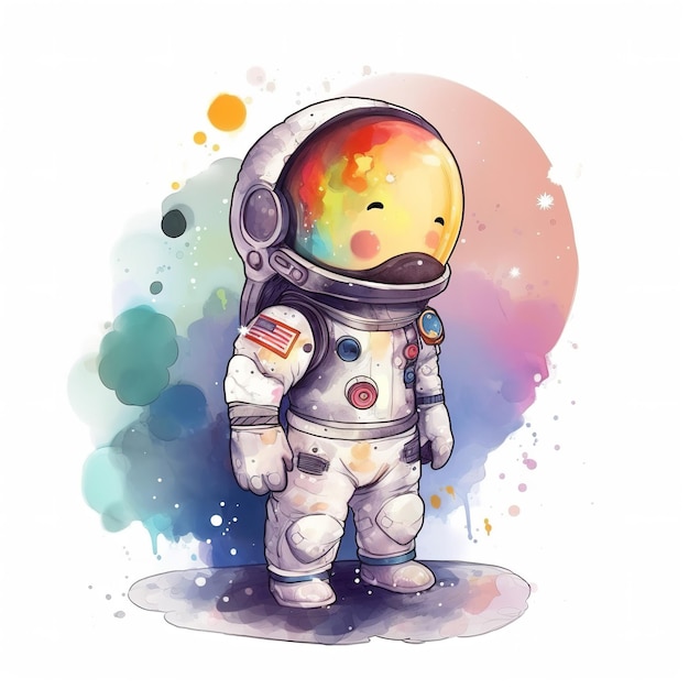 Una ilustración de acuarela de un astronauta con un fondo de color arco iris.