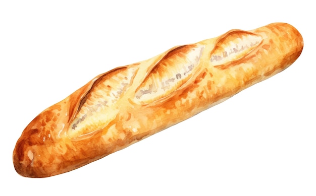 Ilustración en acuarela de la baguette, el pan tradicional francés aislado sobre un fondo blanco