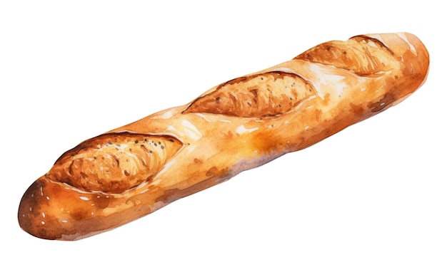 Ilustración en acuarela de la baguette, el pan tradicional francés aislado sobre un fondo blanco