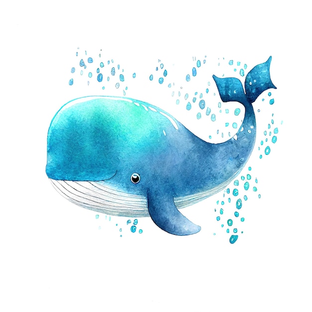 Ilustración de acuarela de ballena azul sobre un fondo blanco