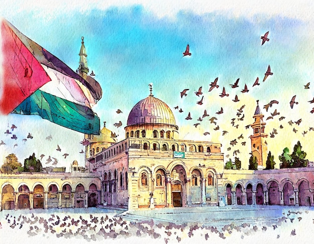 Ilustración en acuarela de la bandera palestina en la mezquita de Al-Aqsa