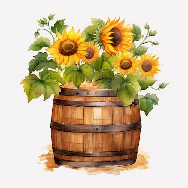 Ilustración acuarela de un barril de madera con girasoles.