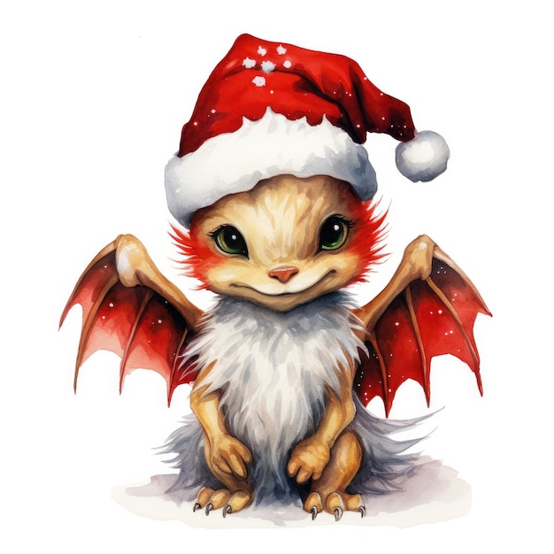 Ilustración en acuarela de un bebé dragón en un sombrero de Papá Noel tema de Navidad fondo blanco