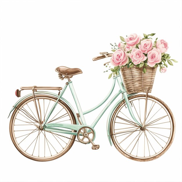 Foto ilustración en acuarela una bicicleta con una canasta de flores