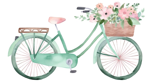 Una ilustración en acuarela de una bicicleta con una cesta llena de flores.