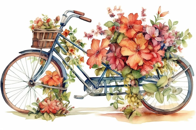 Ilustración de acuarela de una bicicleta retro en flores coloridas sobre un fondo blanco