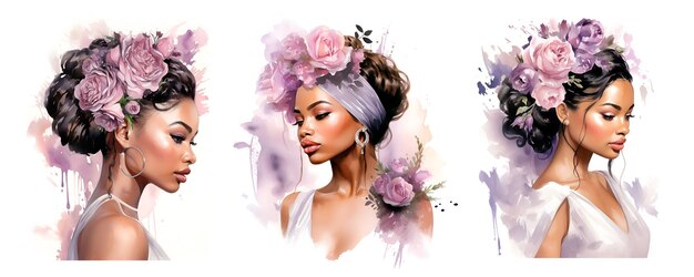 Foto ilustración en acuarela de bodas retrato de novia africana lavanda