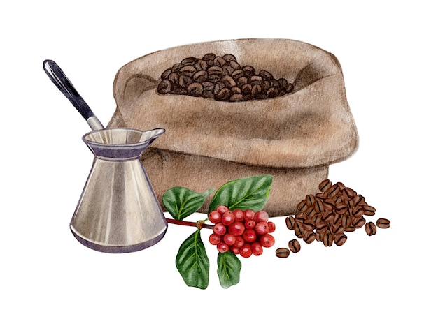 Ilustración de acuarela bolsa de café rama de café turco granos de café Fragancias para el hogar