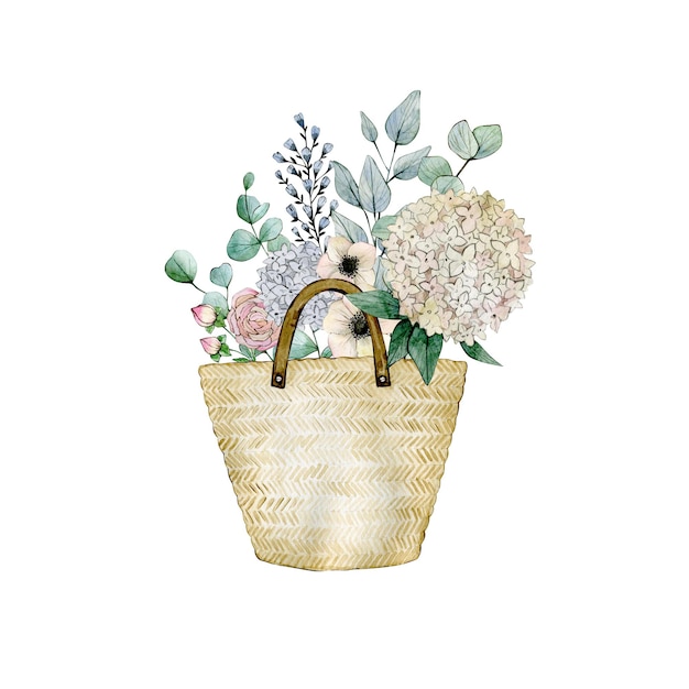 Ilustración acuarela con bolsa de paja flores y hojas de eucalipto Clipart dibujado a mano