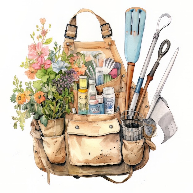 Una ilustración acuarela de una bolsa con un ramo de flores y herramientas de jardín.