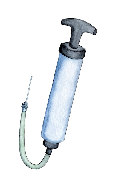 Ilustración acuarela de una bomba para inflar bolas. El compresor azul está bombeando aire, soplando. Concepto de burbuja. Herramientas para bombeo mecánico de aire. Aislado en blanco. Dibujado a mano.