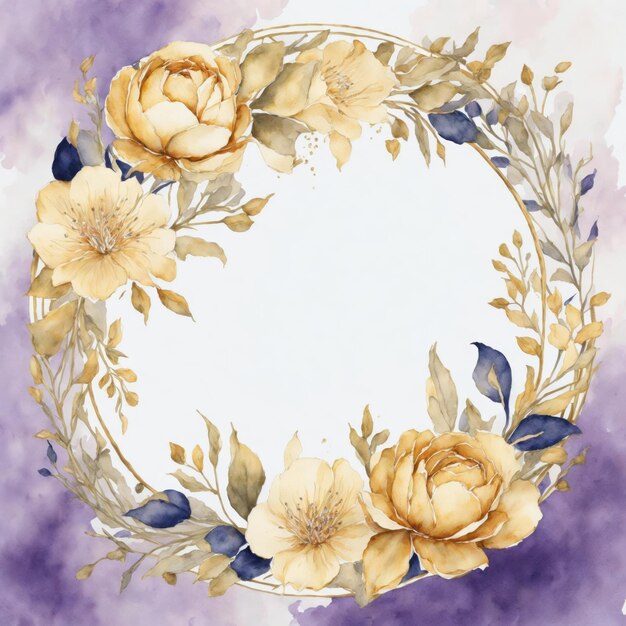 Ilustración acuarela de borde de marco dorado con flores elegantes