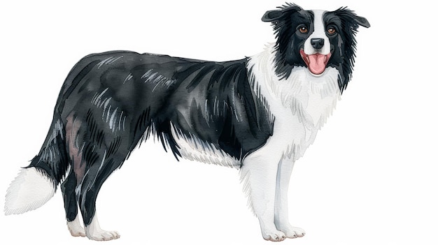 Ilustración en acuarela de un border collie aislado sobre un fondo blanco