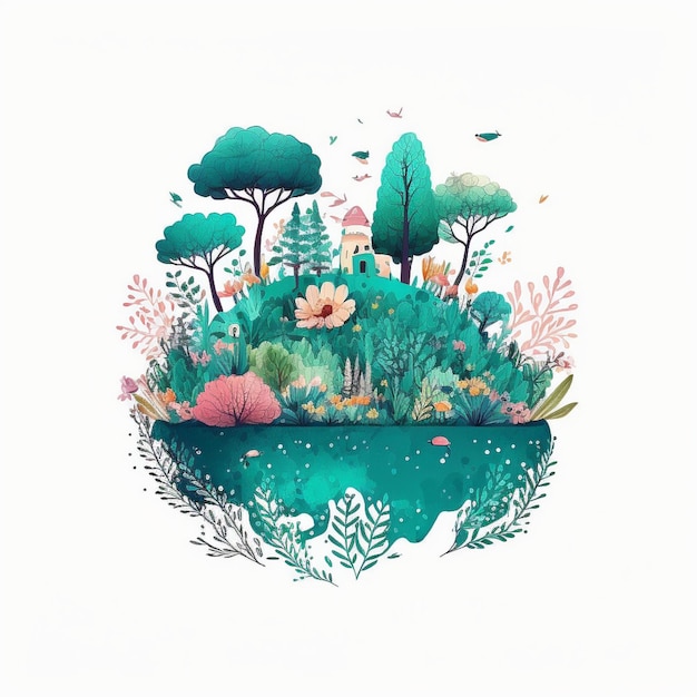Una ilustración de acuarela de un bosque con un árbol y flores.