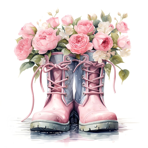 Ilustración en acuarela de botas impermeables con rosas aisladas