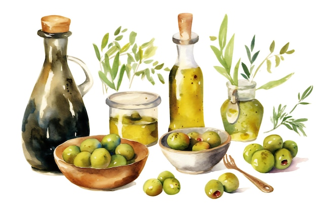 Una ilustración en acuarela de una botella de aceite de oliva y aceite de olivo