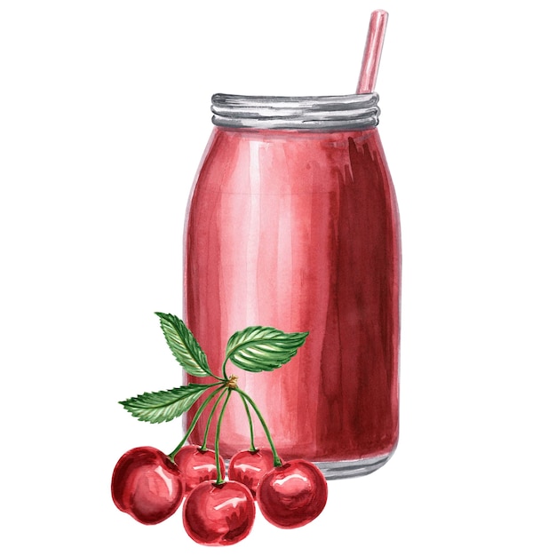 Ilustración acuarela de botella con jugo rojo y cereza