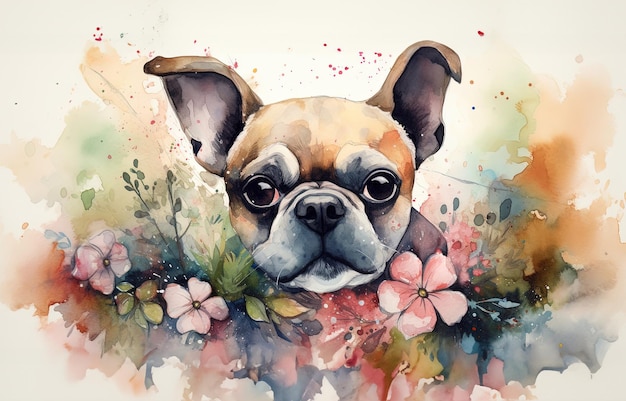 Ilustración en acuarela de un bulldog francés rodeado de flores y salpicaduras de pintura acuarela