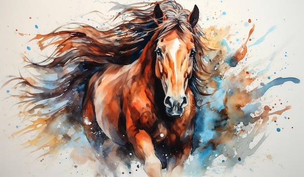 Ilustración en acuarela con caballo al galope y melena ondeando en el viento generada por IA