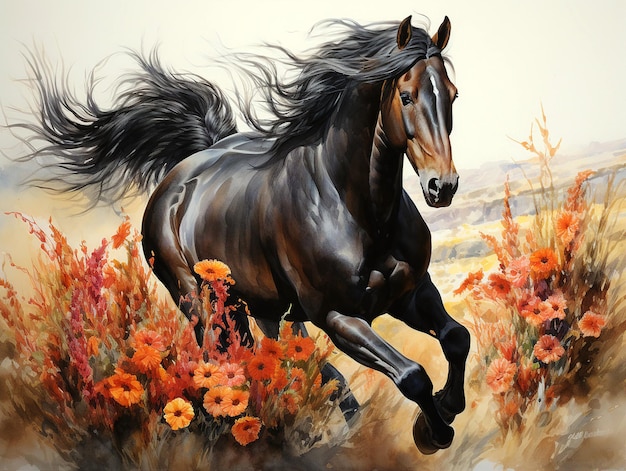 Ilustración de acuarela de caballo negro