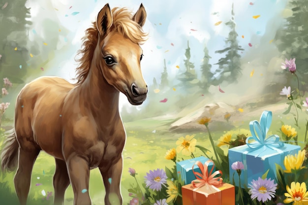 Ilustración en acuarela de un caballo con un regalo de cumpleaños Cartel de felicitaciones de aniversario