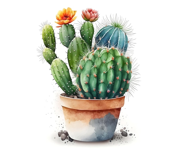 Ilustración acuarela de cactus en flor en una olla sobre fondo blanco aislado