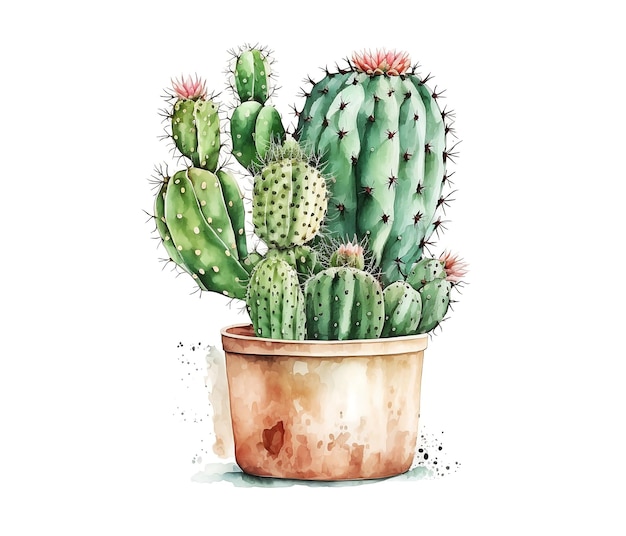 Ilustración acuarela de cactus en una olla sobre fondo blanco aislado
