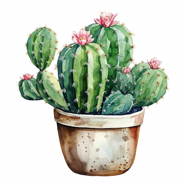Ilustración acuarela de un cactus en una vasija de barro aislada sobre fondo blanco